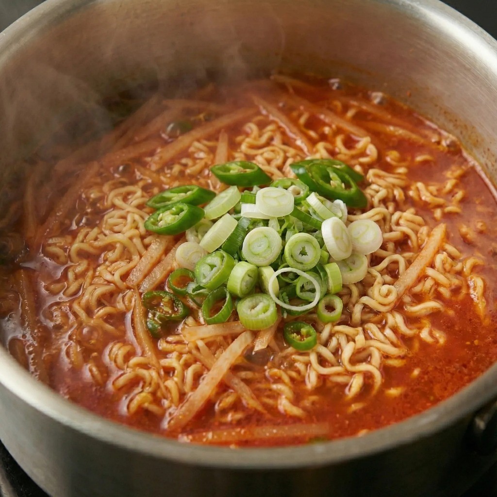 백종원 무파라면 완성 단계, 대파와 청양고추 넣어 얼큰함 더하기