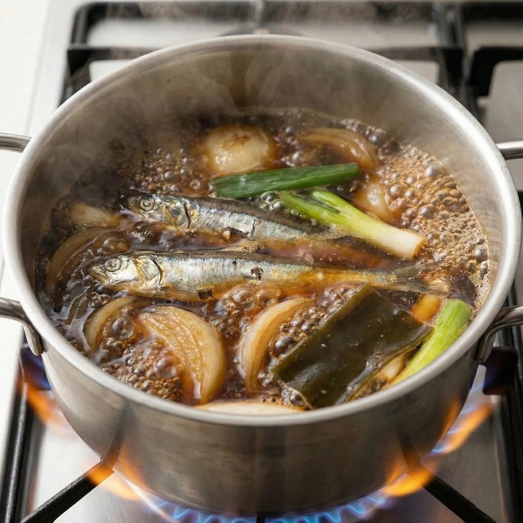 진한 감칠맛을 위해 30분간 보글보글 끓고 있는 메밀소바 쯔유 간장 육수