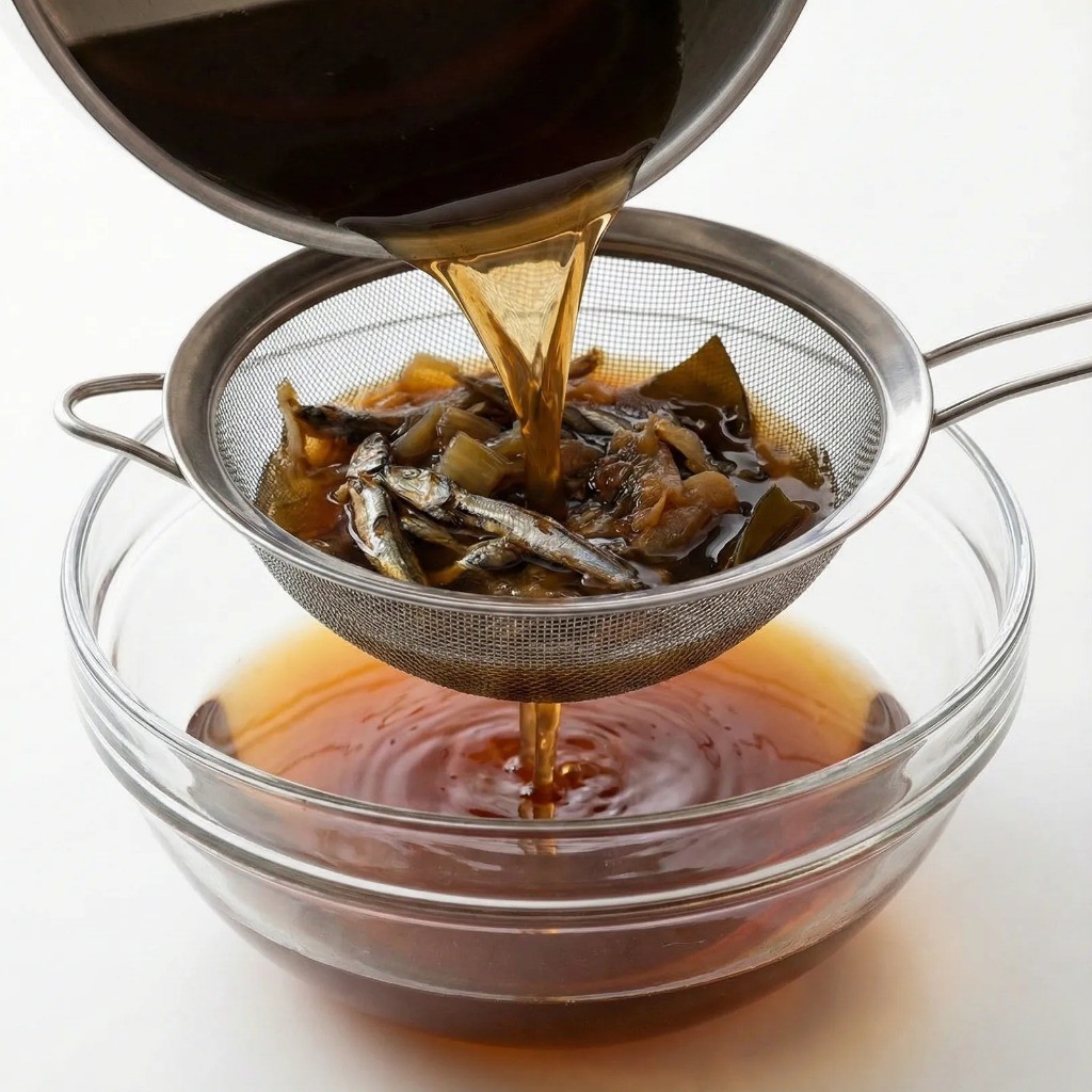 체에 밭쳐 건더기를 걸러내고 맑고 진하게 완성된 수제 메밀장국