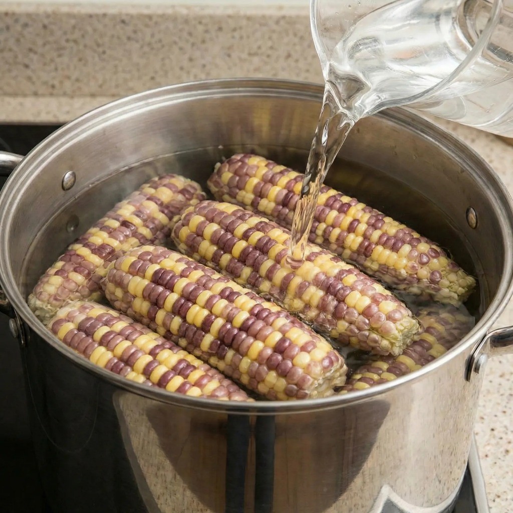 옥수수 삶기 준비: 냄비에 손질한 옥수수 담고 물 붓기