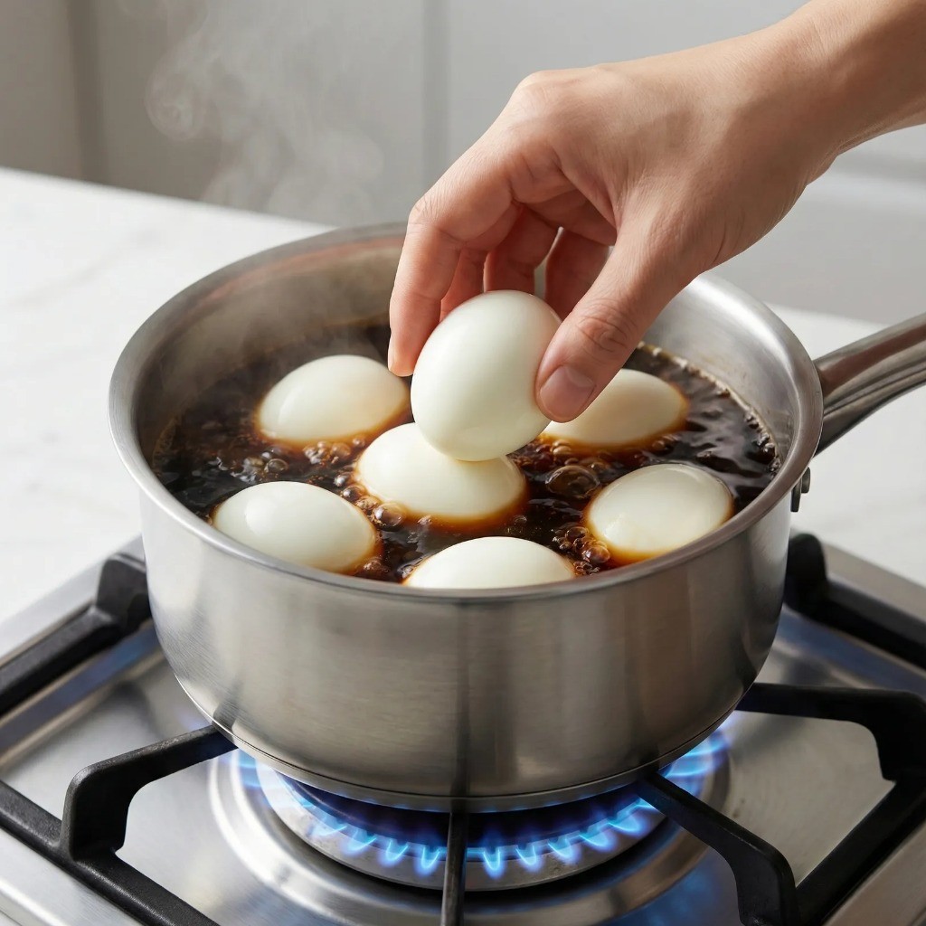 계란장조림 만드는 법 2단계 - 삶은 계란을 조림장에 넣고 색이 날 때까지 끓이기