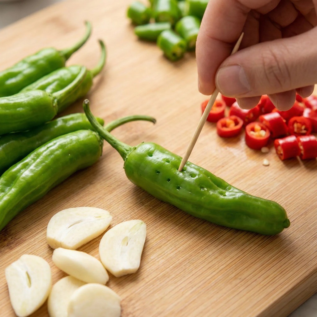 꽈리고추 계란장조림 재료 손질 - 양념이 잘 배도록 이쑤시개로 고추에 구멍 뚫기