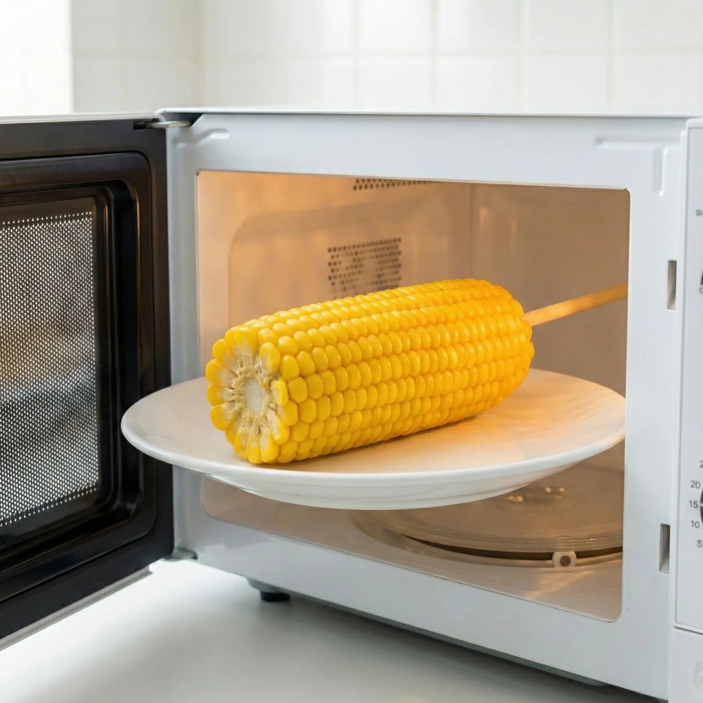 마약 옥수수 재료 준비: 삶은 옥수수에 나무젓가락 꽂고 전자레인지로 데우기