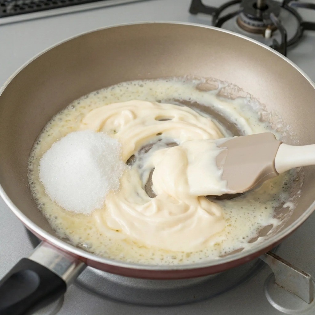 마약 옥수수 소스 레시피: 프라이팬에 마요네즈와 설탕 녹이기