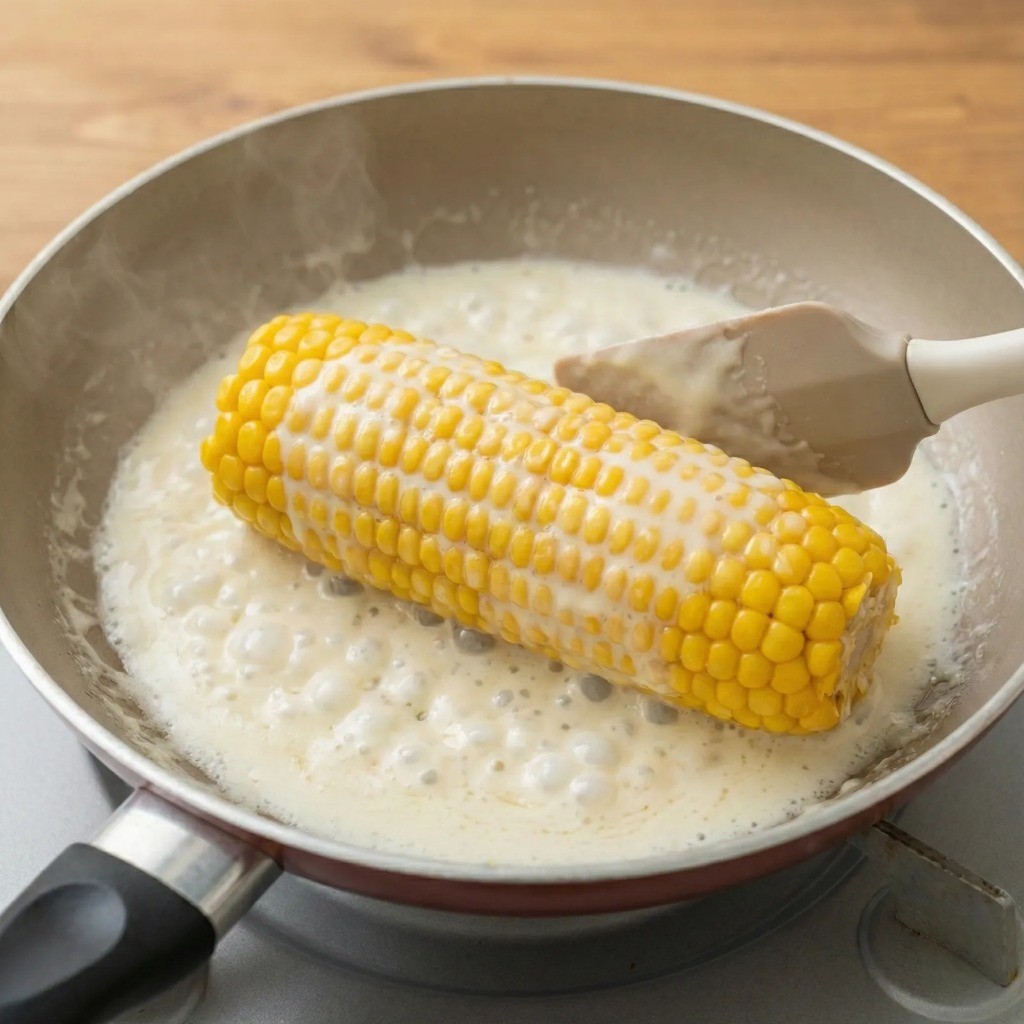옥수수 버터구이 만드는 법: 팬에서 마요네즈 소스 골고루 입히기
