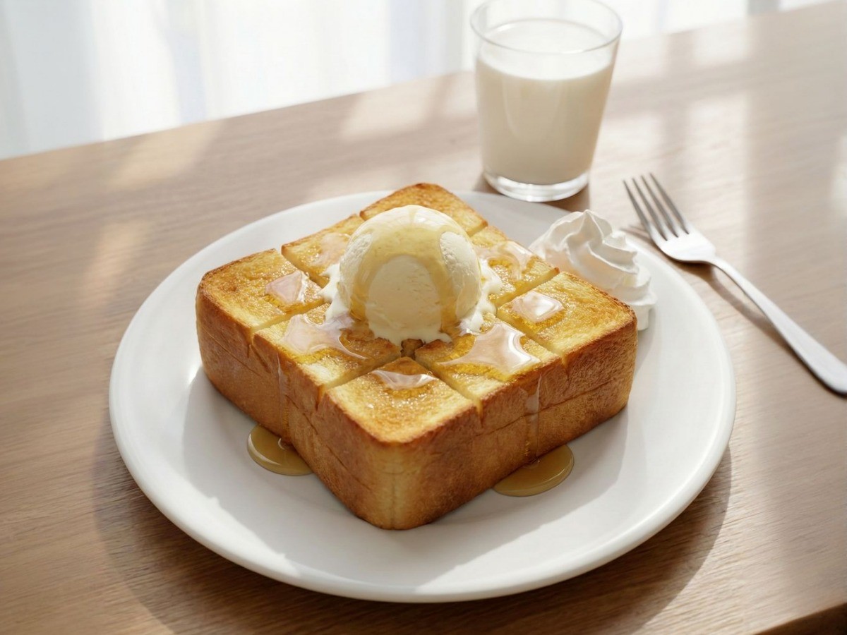 에어프라이어로 만든 백종원 허니버터브레드 완성, 바닐라 아이스크림과 생크림 토핑