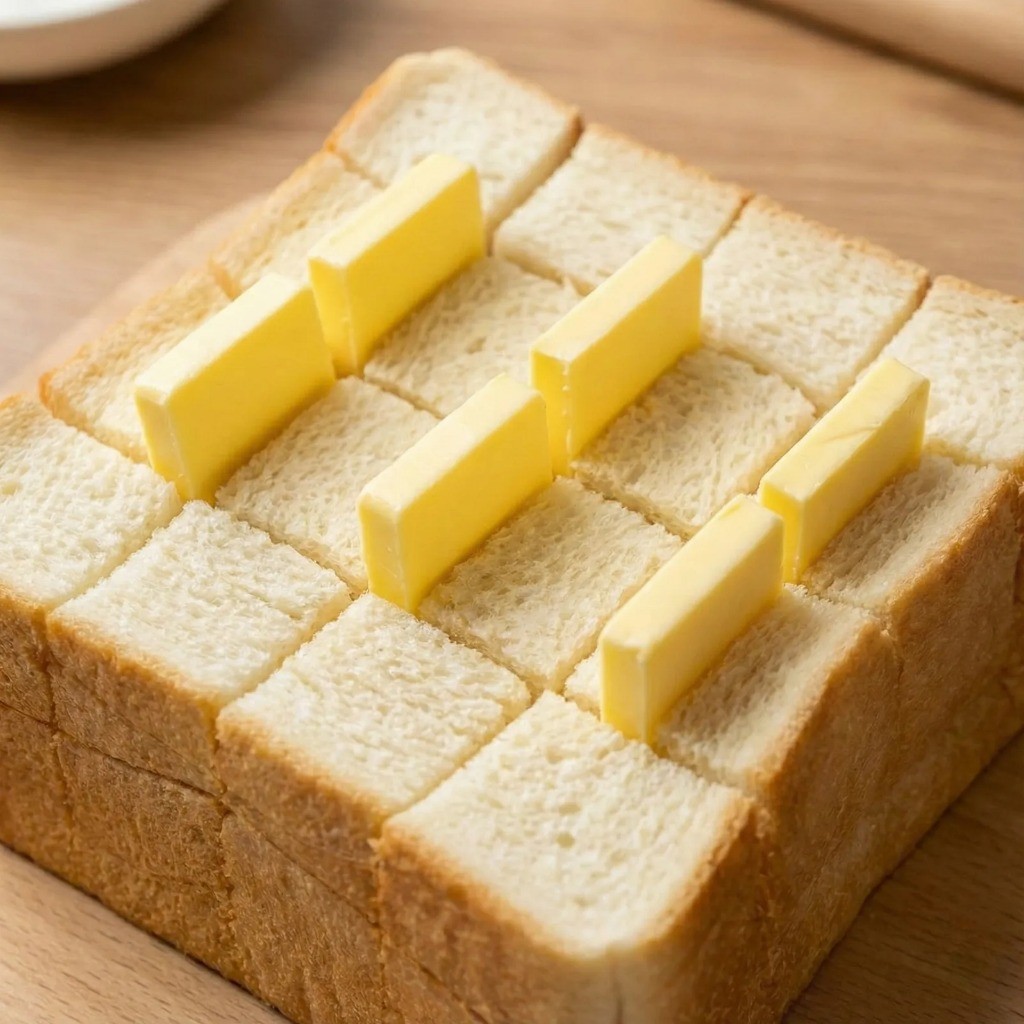 풍미 가득한 맛의 비결: 식빵 칼집 사이에 조각 버터 끼워 넣기