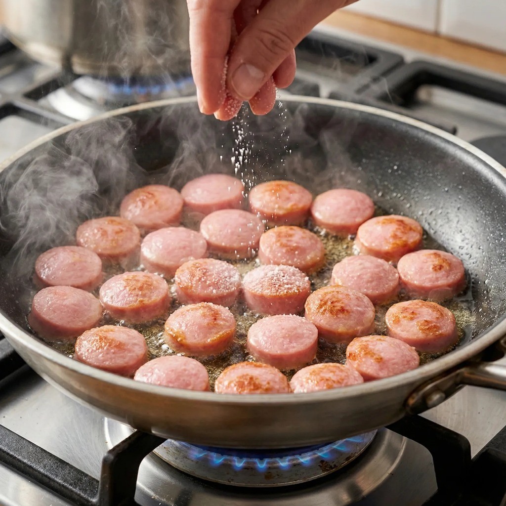 프라이팬에 기름을 두르고 분홍 소세지를 구우며 맛소금으로 간을 하는 초간단 소금 구이 조리법