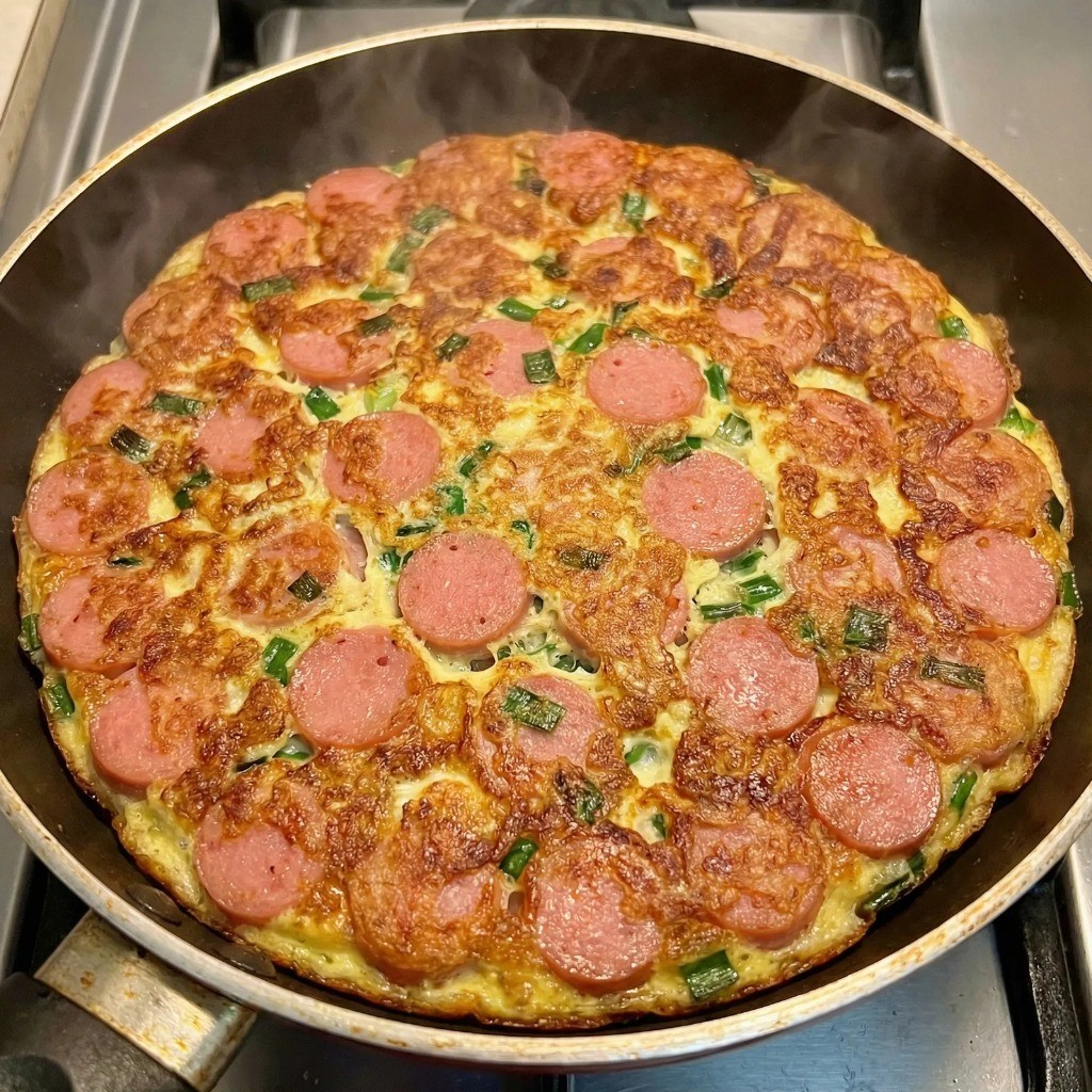 접시를 이용해 커다란 분홍 소세지전을 모양이 망가지지 않게 뒤집는 방법