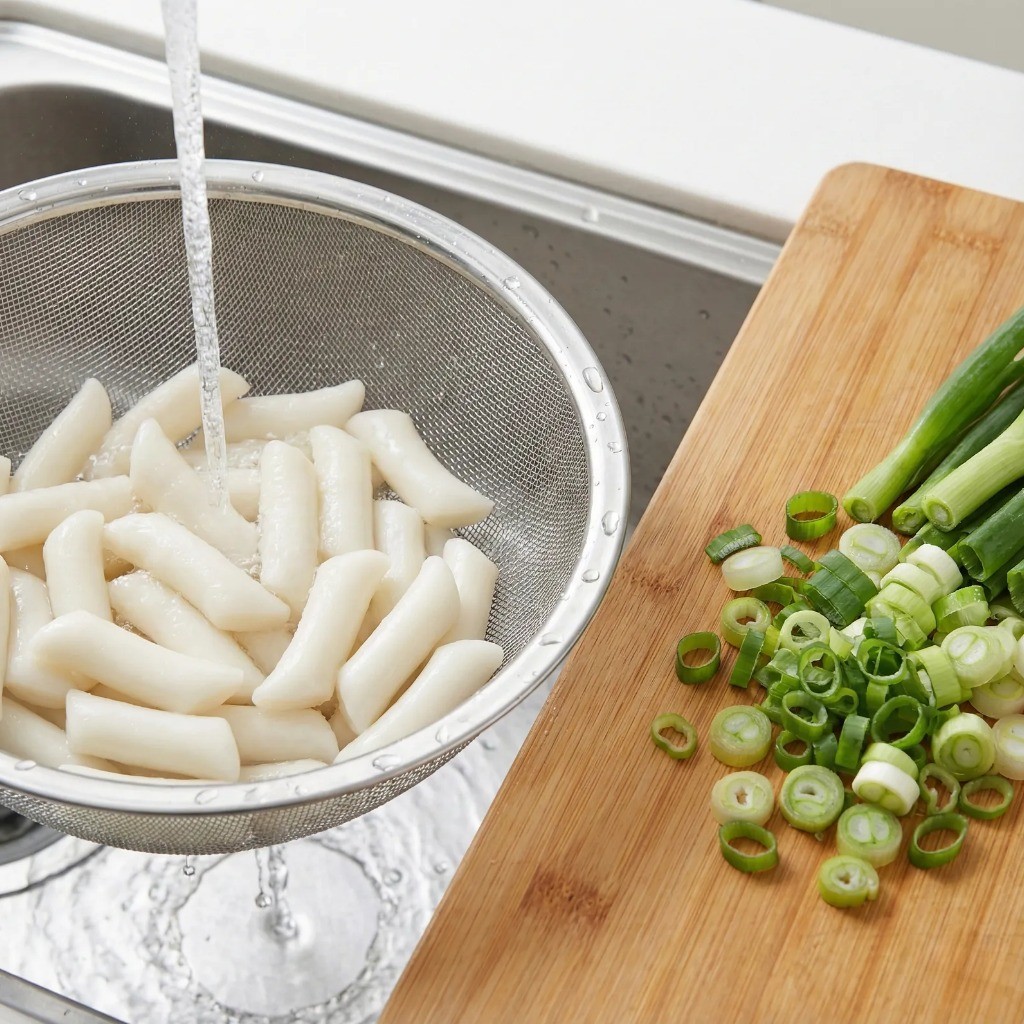 기름떡볶이 재료 손질: 쌀떡 씻기와 대파 송송 썰기