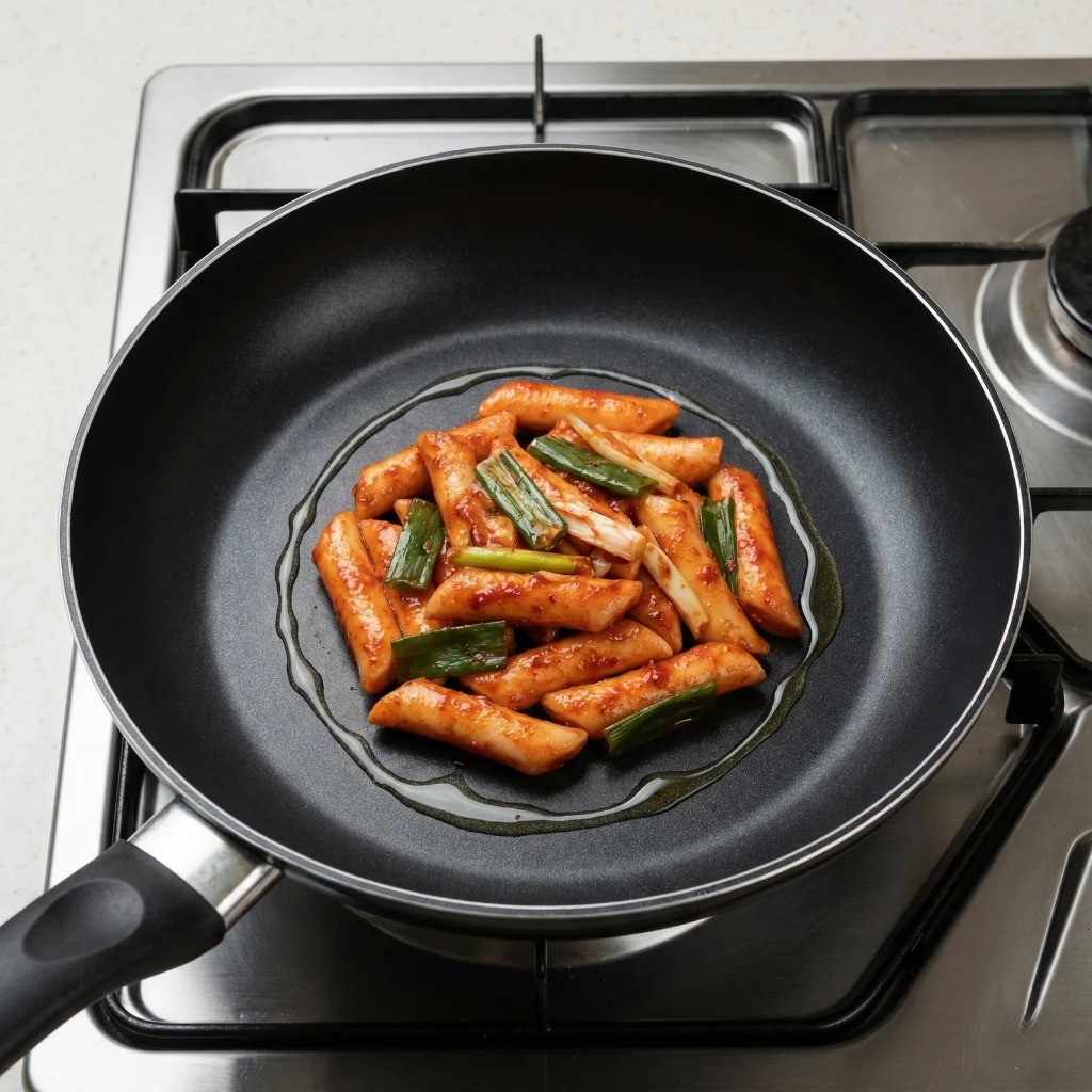 프라이팬에 식용유 두르고 양념한 떡 굽기 시작