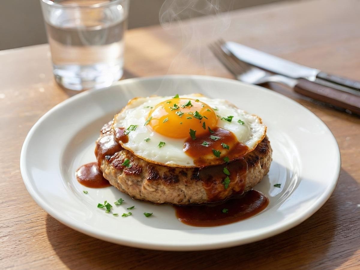 백종원 참치 함박스테이크 완성 - 반숙 계란과 진한 소스를 곁들인 초간단 캔참치 요리