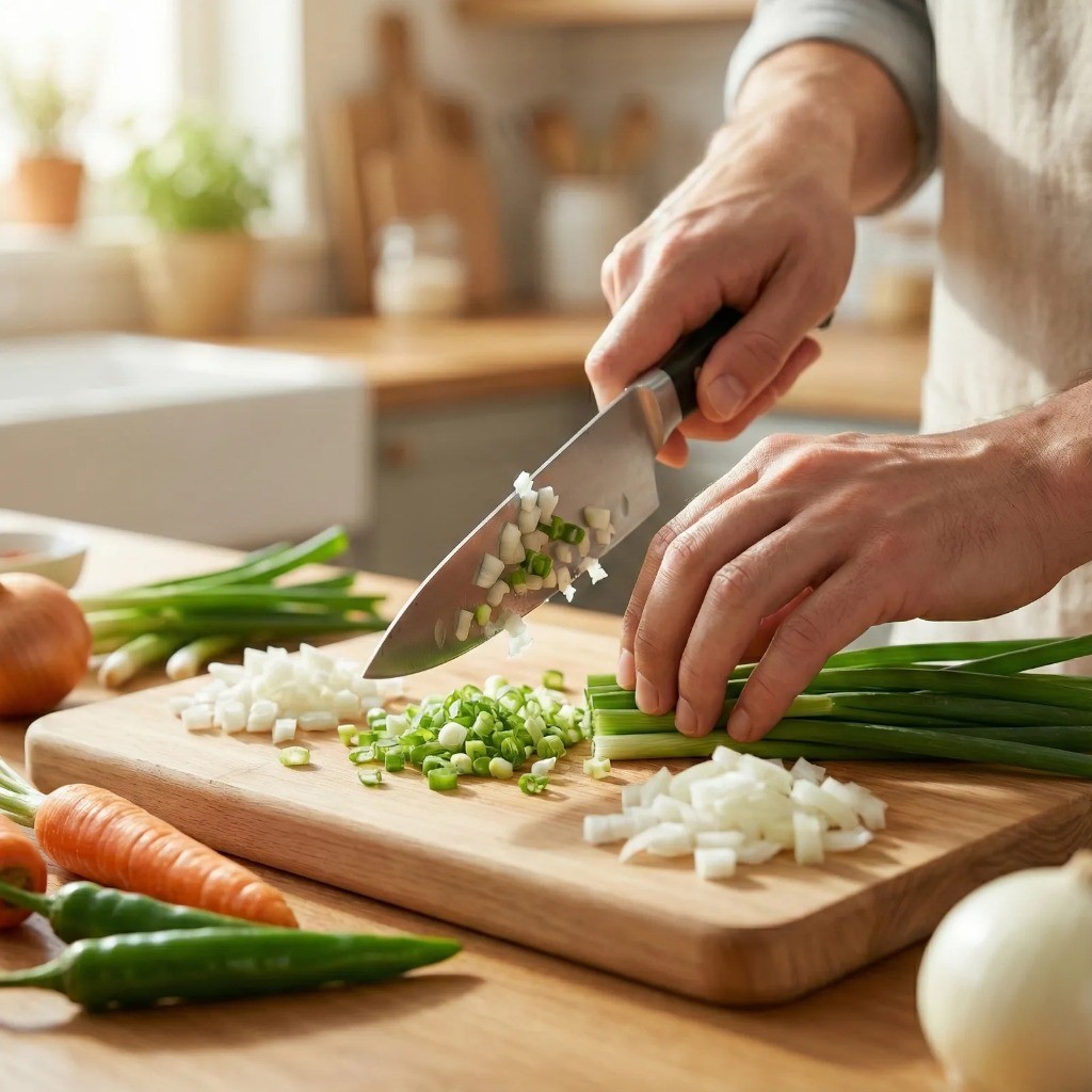 참치 함박스테이크 재료 손질 - 대파, 양파, 청양고추를 잘게 다지는 과정