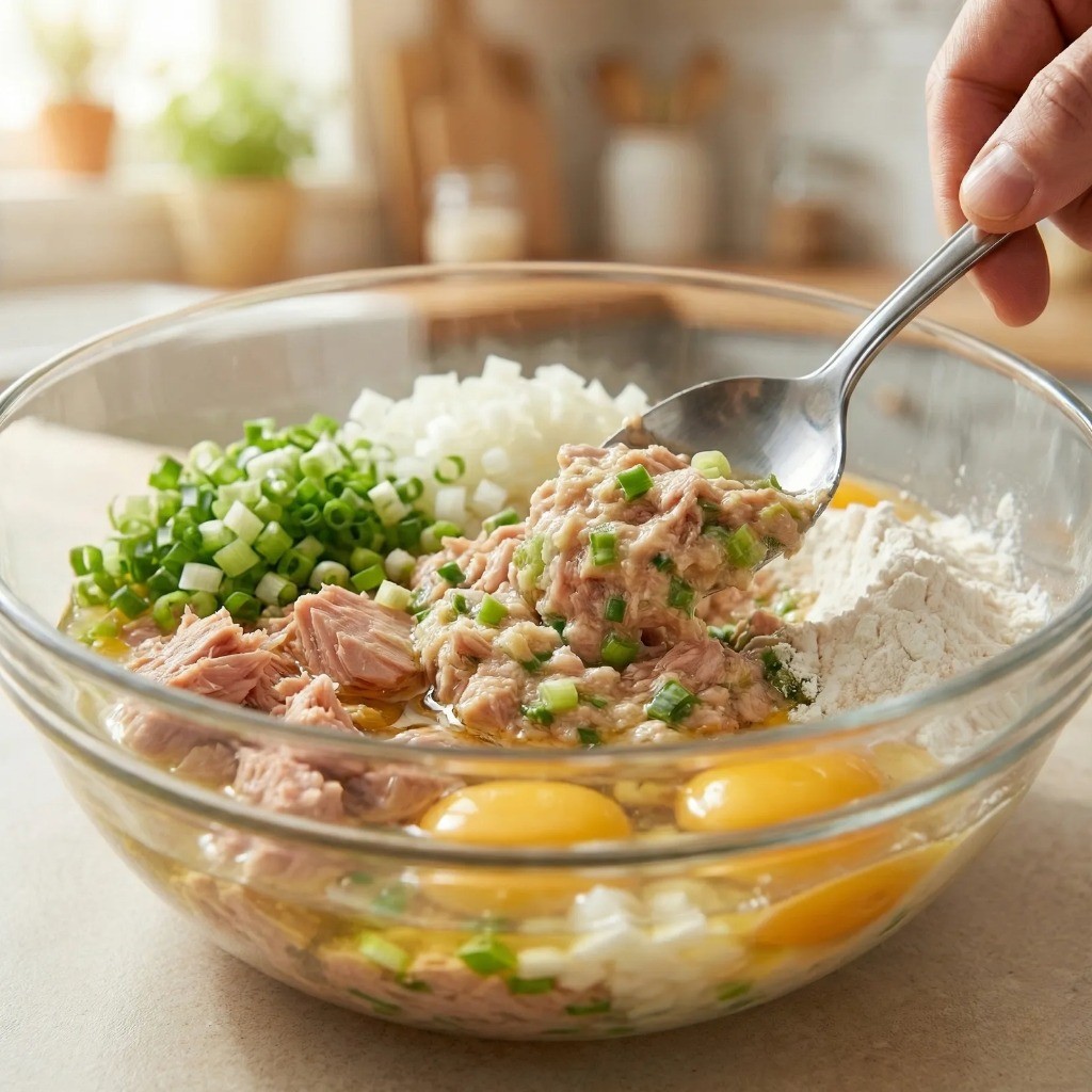 참치 스테이크 반죽 만들기 - 캔참치, 다진 야채, 달걀, 부침가루 혼합