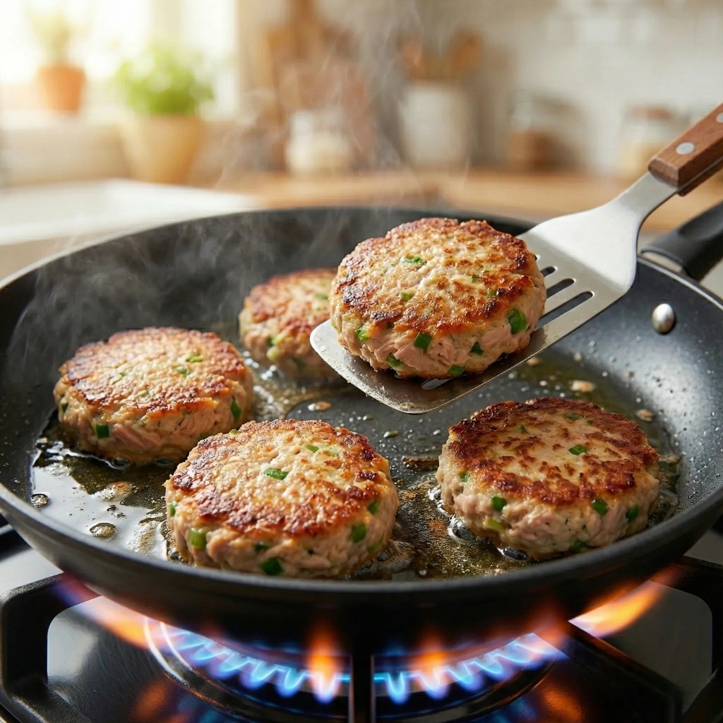 참치 패티 굽기 - 프라이팬에서 노릇노릇하게 익어가는 참치 함박스테이크