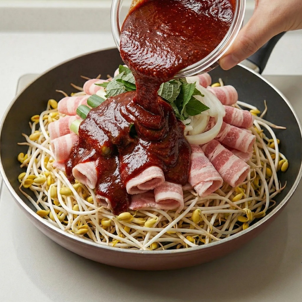 물 없이 만드는 콩나물불고기 조리 과정 - 채수 활용