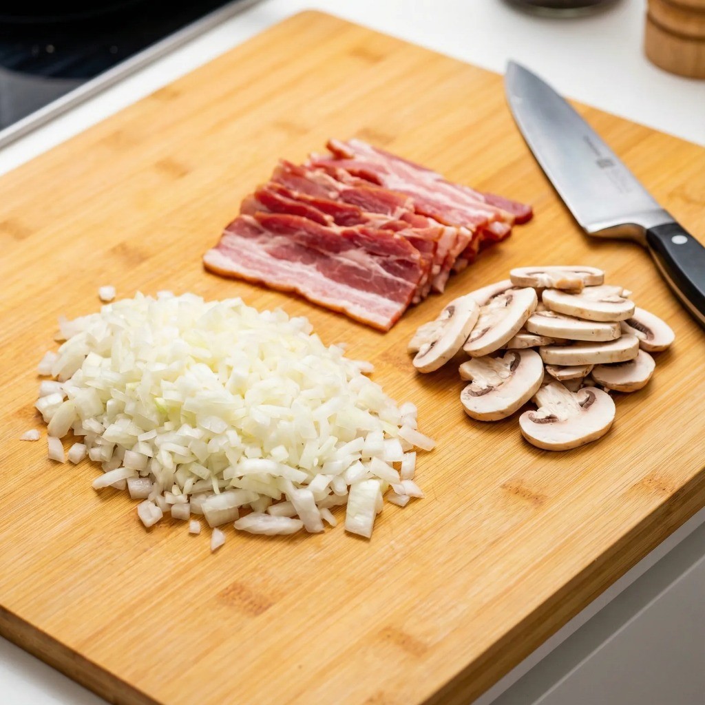 크림 파스타 재료 손질 잘게 다진 양파와 베이컨