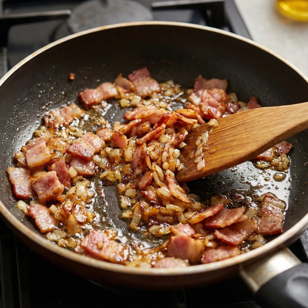 크림 파스타 소스 만들기 베이컨과 양파 볶음