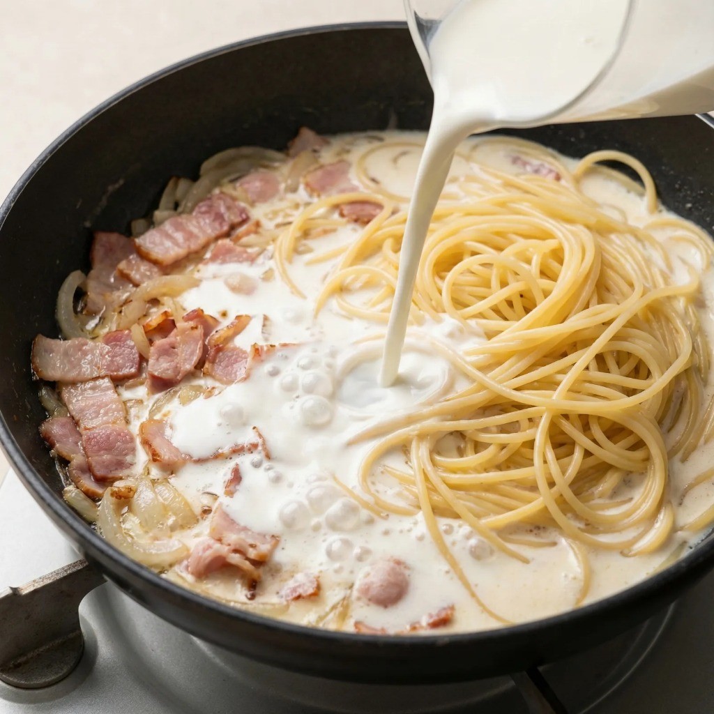 우유 크림 파스타 만들기 우유 붓고 면 졸이는 과정