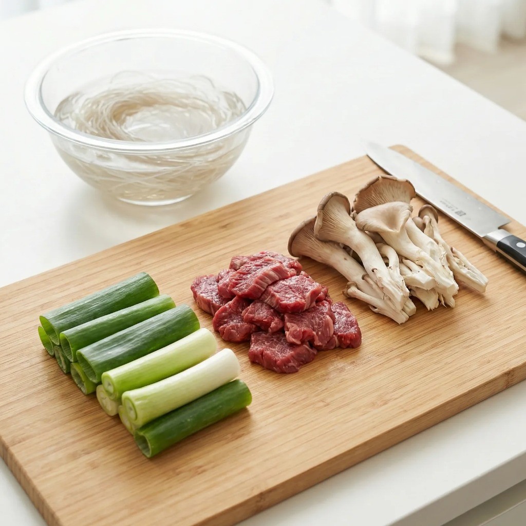 백종원 육개장 재료 손질 - 큼직하게 썬 대파와 한 입 크기 소고기