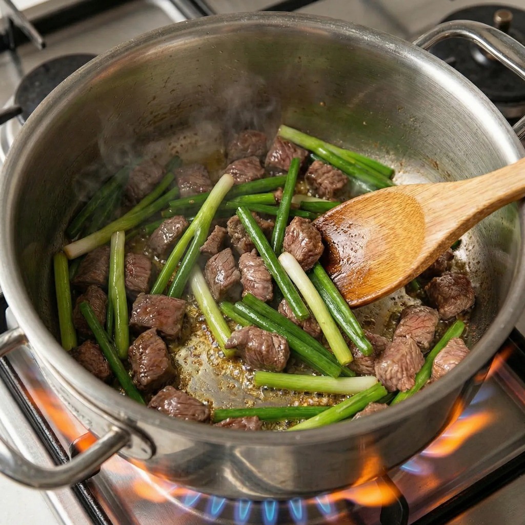 육개장 파기름 내기 - 참기름에 대파와 소고기를 볶아 풍미 살리기