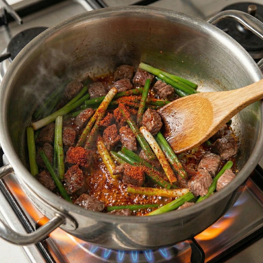 육개장 고추기름 만들기 - 고기가 익은 후 고춧가루 볶는 과정