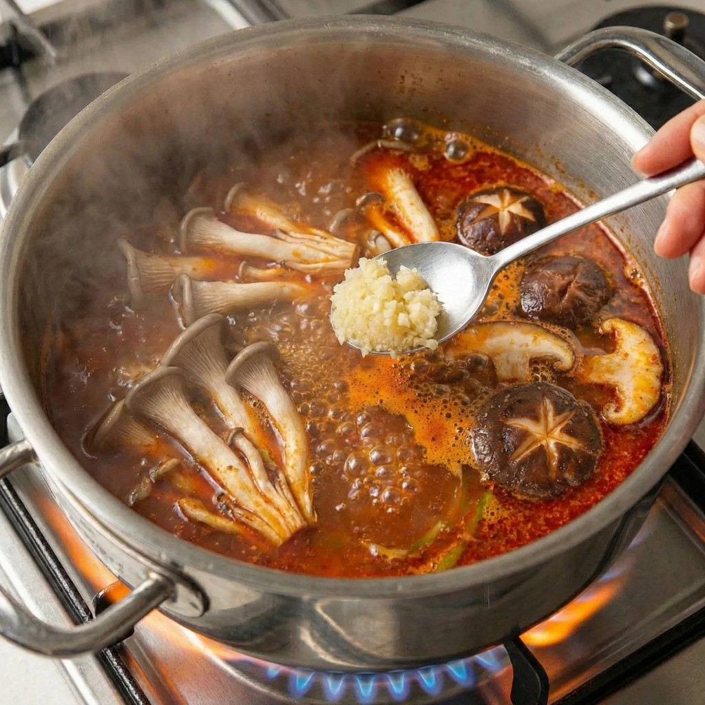 육개장 끓이는 법 - 물을 붓고 버섯과 양념 넣어 끓이기