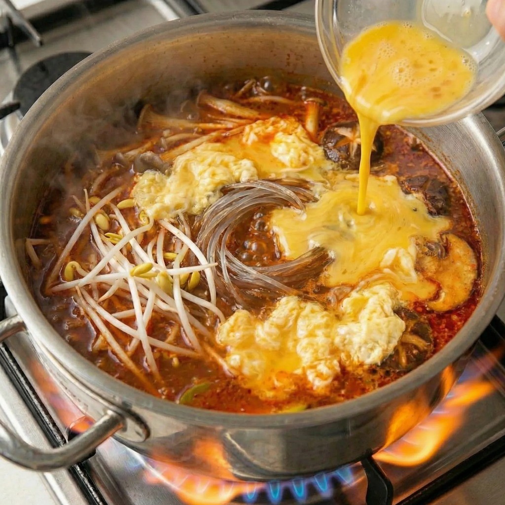 20분 육개장 완성 - 숙주, 당면, 달걀물을 넣어 마무리하는 모습