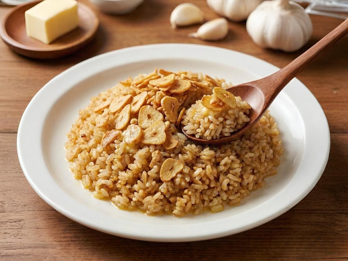 백종원 마늘볶음밥 완성 요리 - 황금빛 마늘칩과 윤기나는 밥알