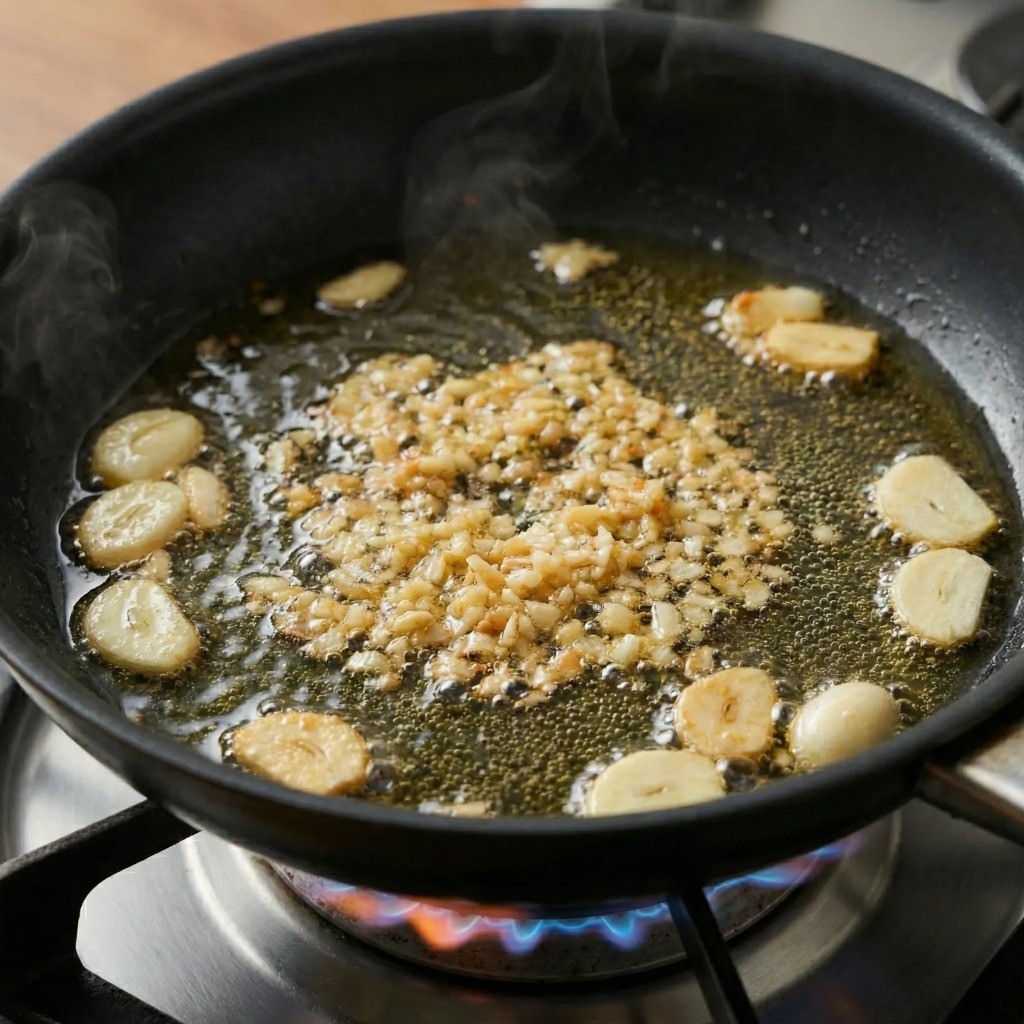 마늘 기름 내기 - 식용유에 다진 마늘과 편마늘을 노릇하게 볶는 과정
