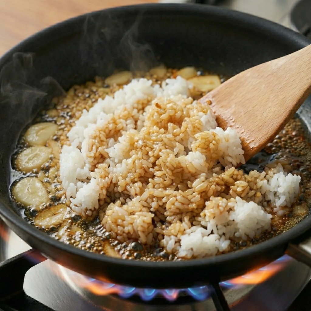 볶음밥 섞기 - 불을 끄고 밥과 볶은 마늘, 양념을 고루 비비는 단계