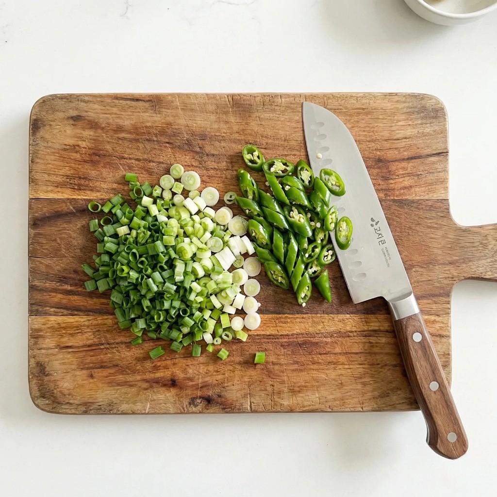 백종원 동그랑땡 재료 손질 - 대파와 청양고추 잘게 썰기