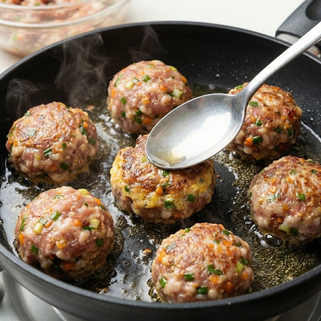 프라이팬에 동그랑땡 굽기 - 숟가락으로 떠서 노릇하게 부쳐내는 모습