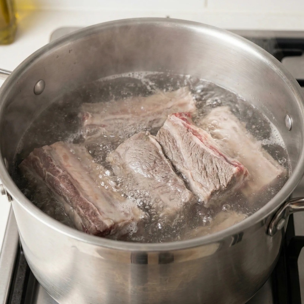 끓는 물에 소갈비를 데쳐 잡내와 핏물을 제거하는 과정