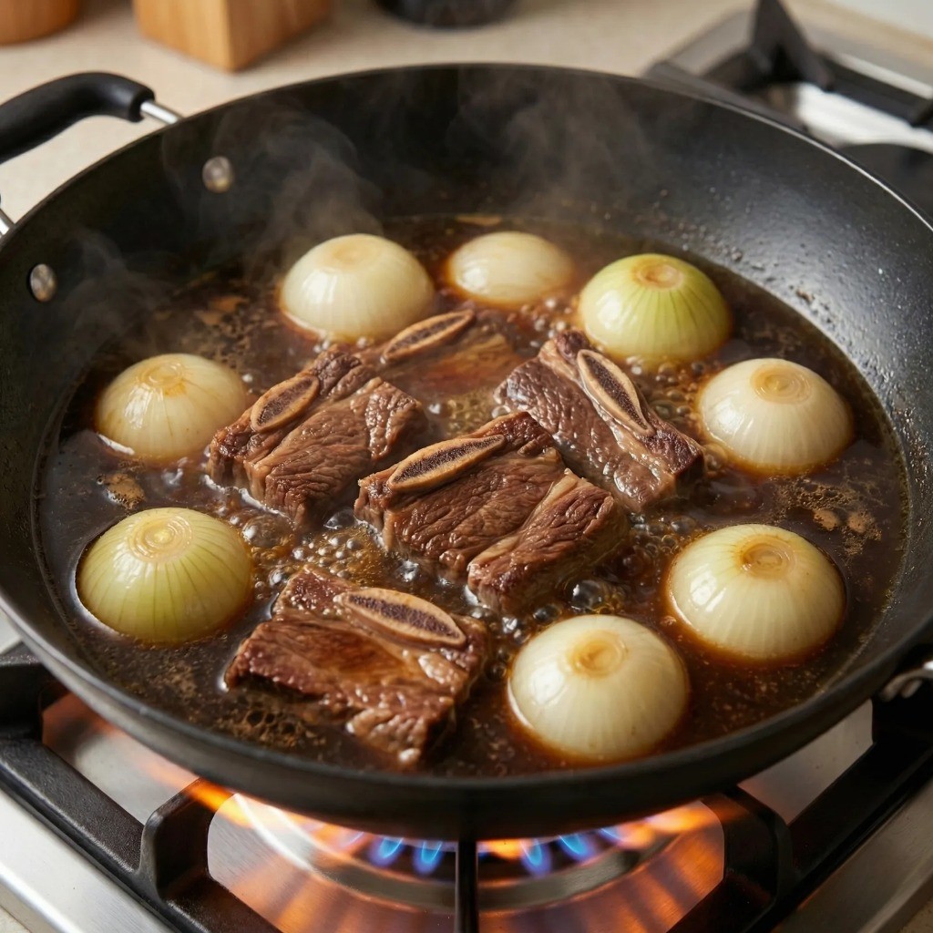 냄비에 소갈비와 양념장을 넣고 40분간 푹 끓여 부드럽게 만드는 과정