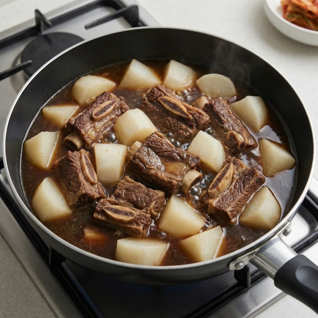 갈비찜 육수 위의 기름을 걷어내고 큼직한 무를 넣어 조리는 모습
