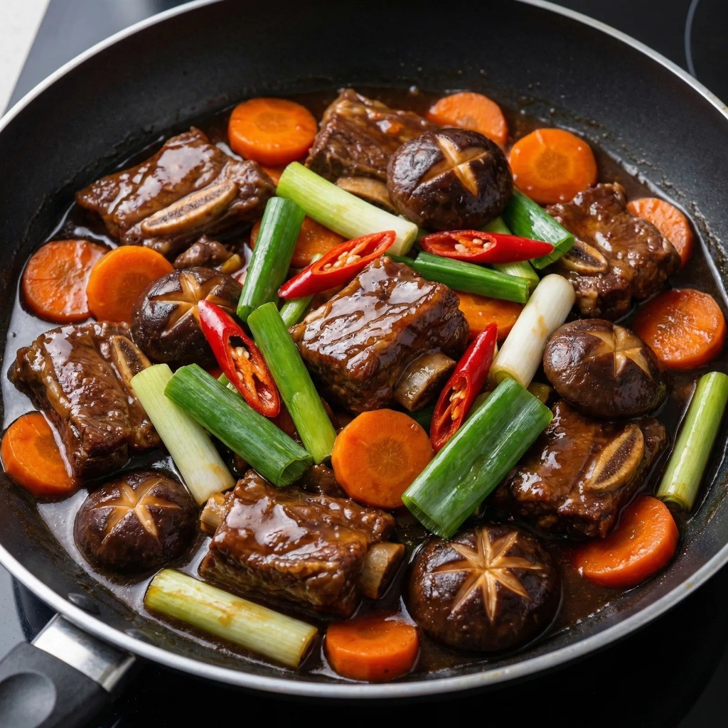 표고버섯, 당근, 대파, 홍고추를 넣고 먹음직스럽게 완성된 소갈비찜