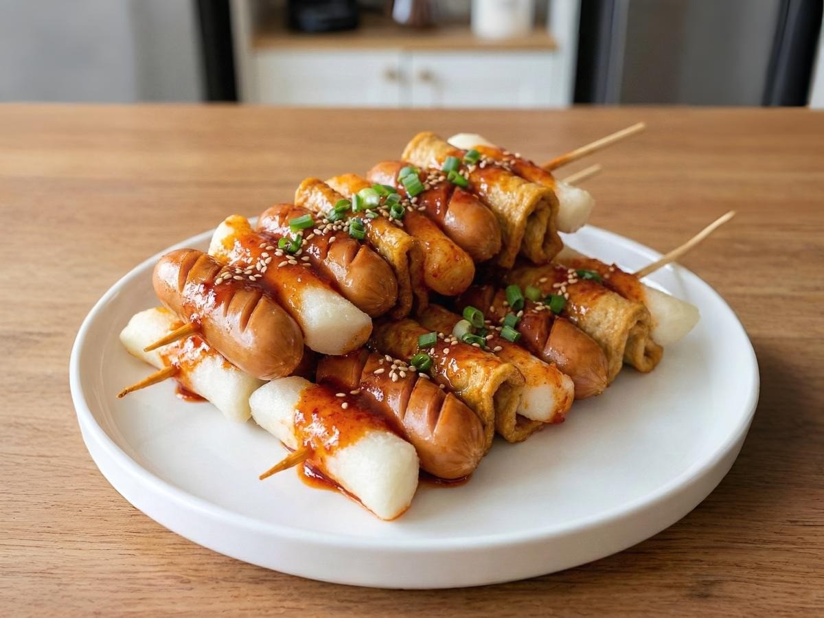 백종원 레시피로 만든 윤기 흐르는 매콤달콤한 소떡소떡 완성 요리 접시