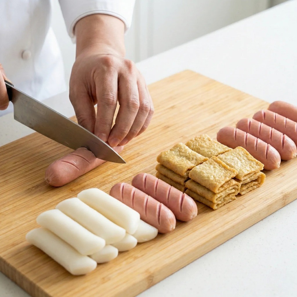 소떡소떡 재료 준비: 떡 데치기 및 소세지 칼집 내기 과정