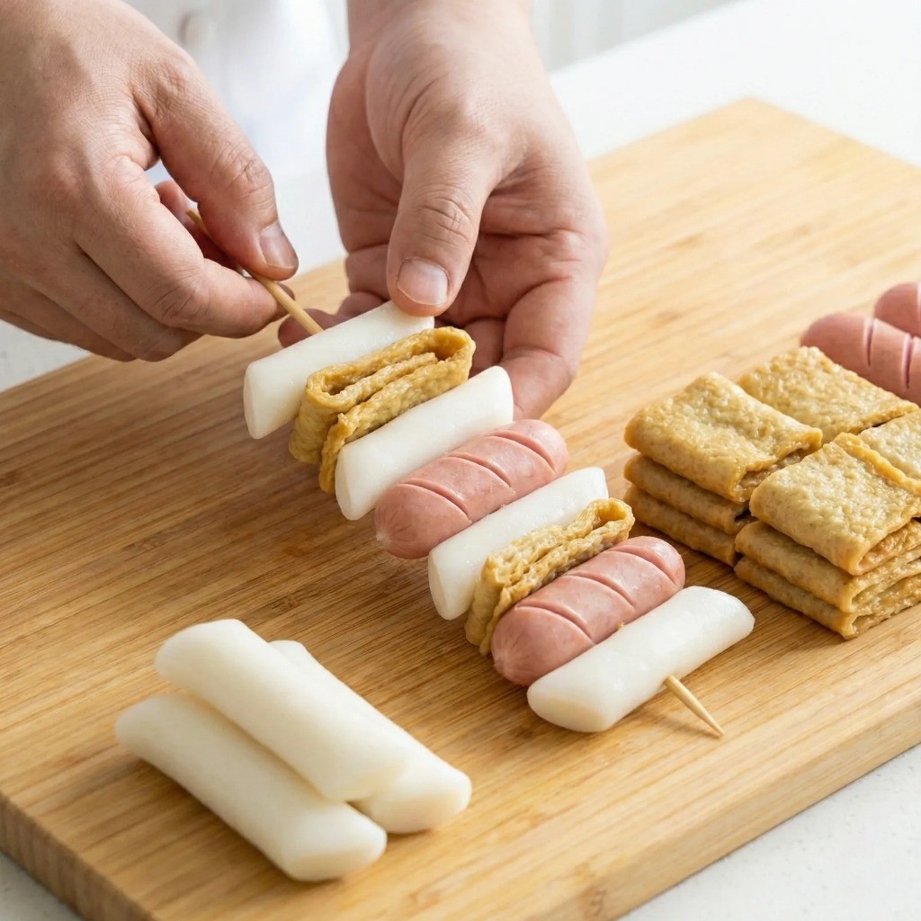 떡과 소세지를 번갈아 꼬치에 끼워 소떡소떡 모양 만들기