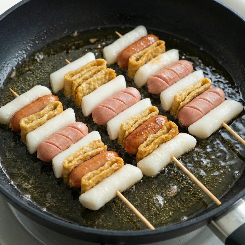 프라이팬 기름에 소떡소떡 꼬치를 노릇하게 튀기듯 굽는 조리 과정