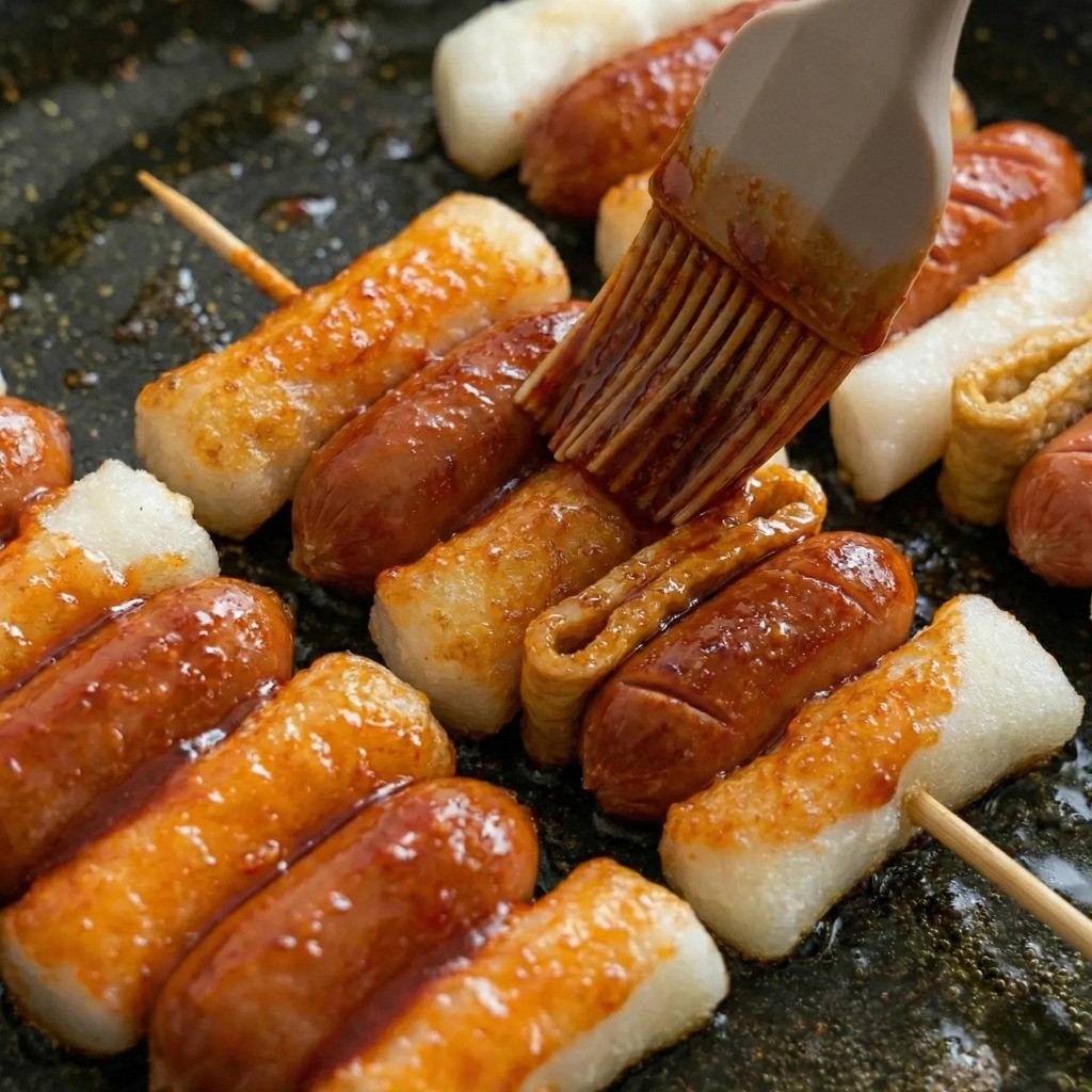 잘 구워진 소떡소떡에 매콤달콤한 소스를 바르는 마무리 과정