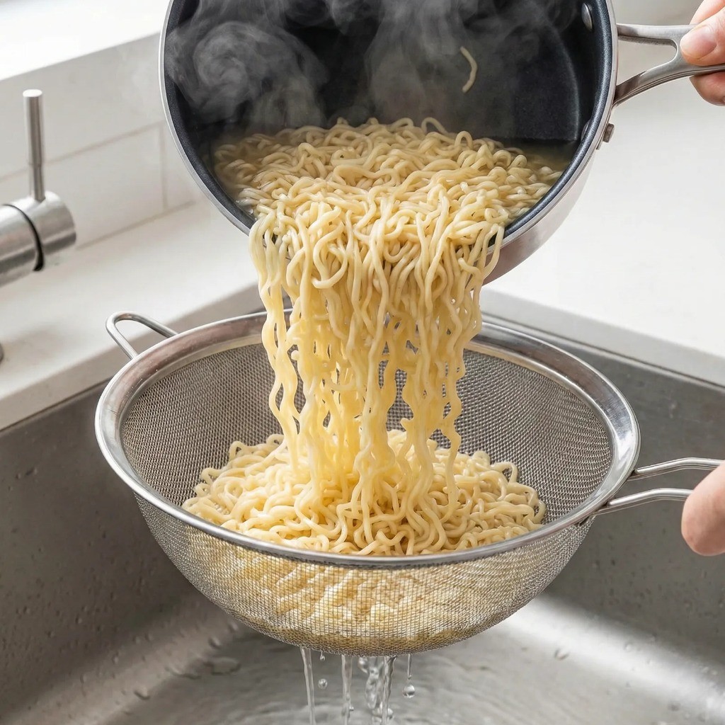 삶은 면 물 버리기, 채반을 이용해 기름기 제거하는 꿀팁