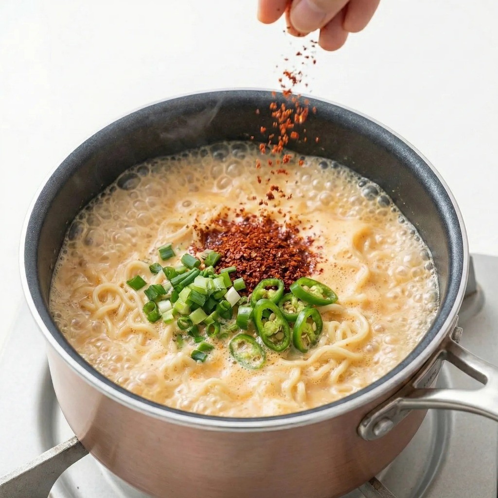 굵은 고춧가루와 대파 청양고추 넣기, 투움바 라면 색감 내기