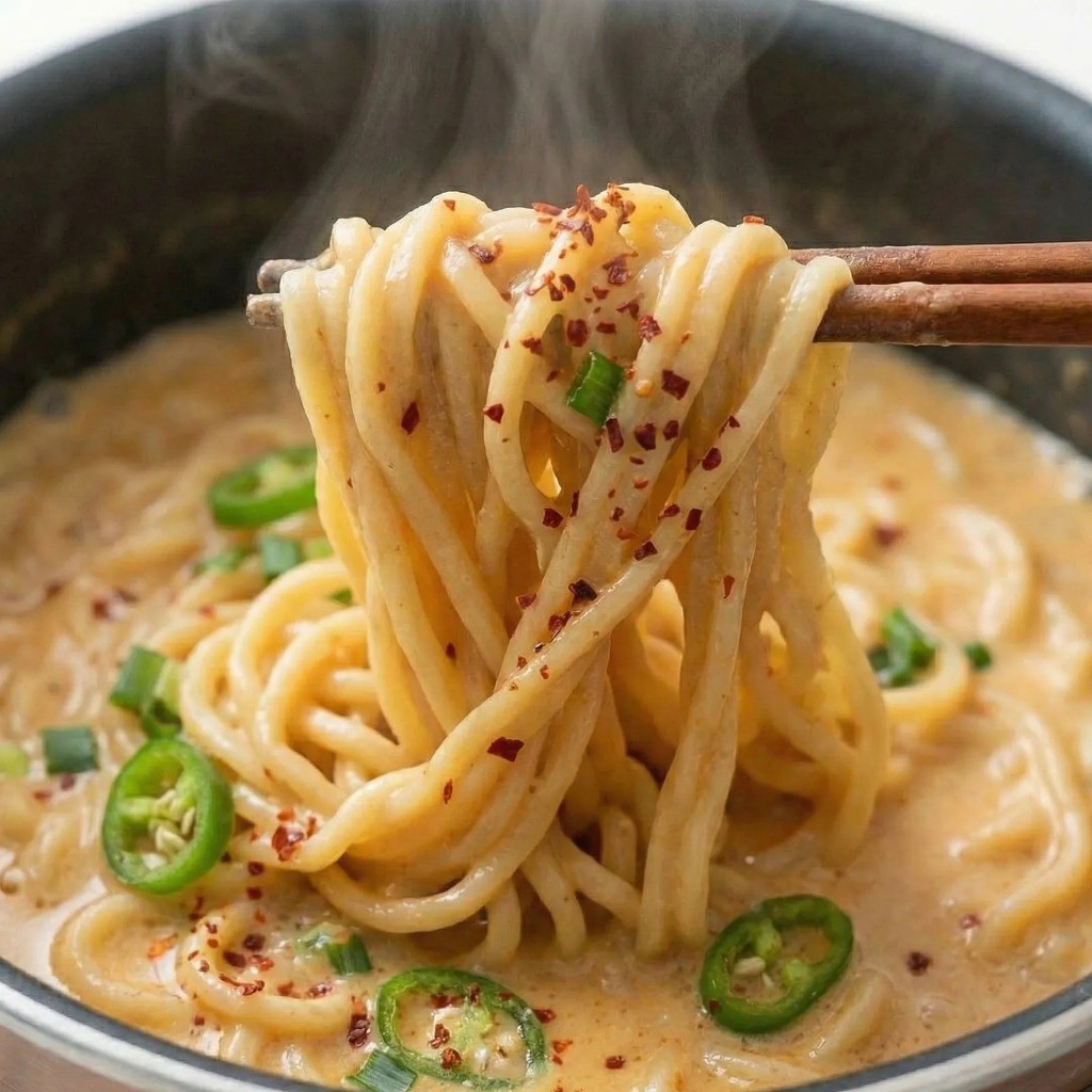 완성된 백종원 우유라면 그릇에 담기, 꾸덕하고 고소한 비주얼