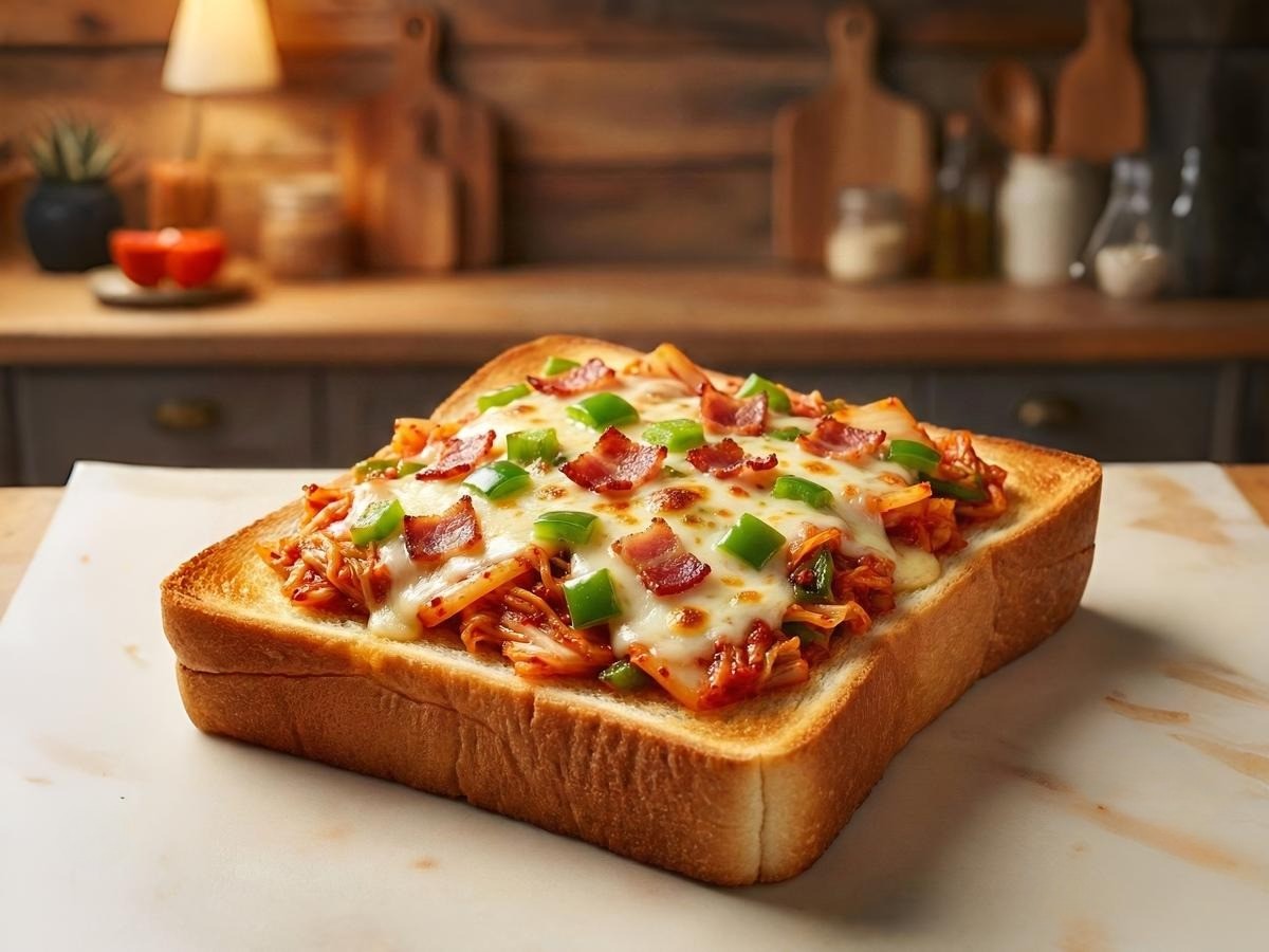 백종원 김치피자 레시피 완성작: 에어프라이어로 구운 바삭한 식빵 김치 피자