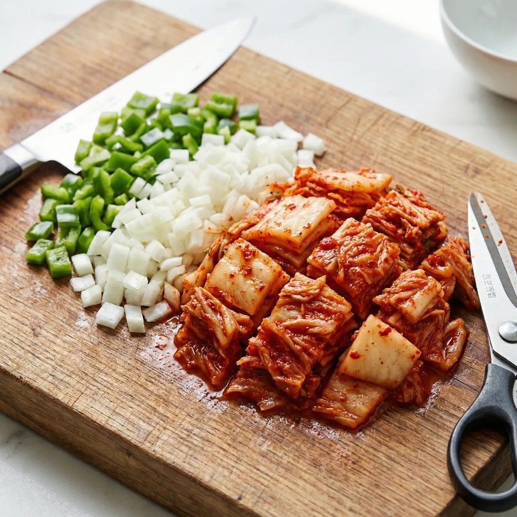 양파, 피망, 베이컨, 김치를 잘게 썰어 준비한 모습