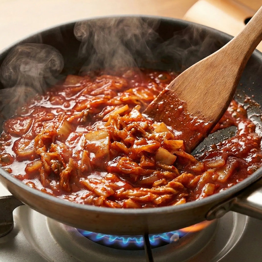 프라이팬에서 김치와 소스 재료를 볶아 꾸덕하게 만드는 모습