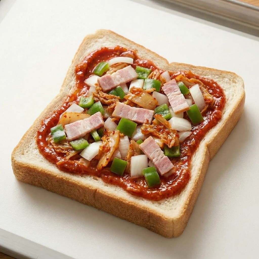 식빵 위에 김치 소스를 바르고 야채와 베이컨을 올린 모습