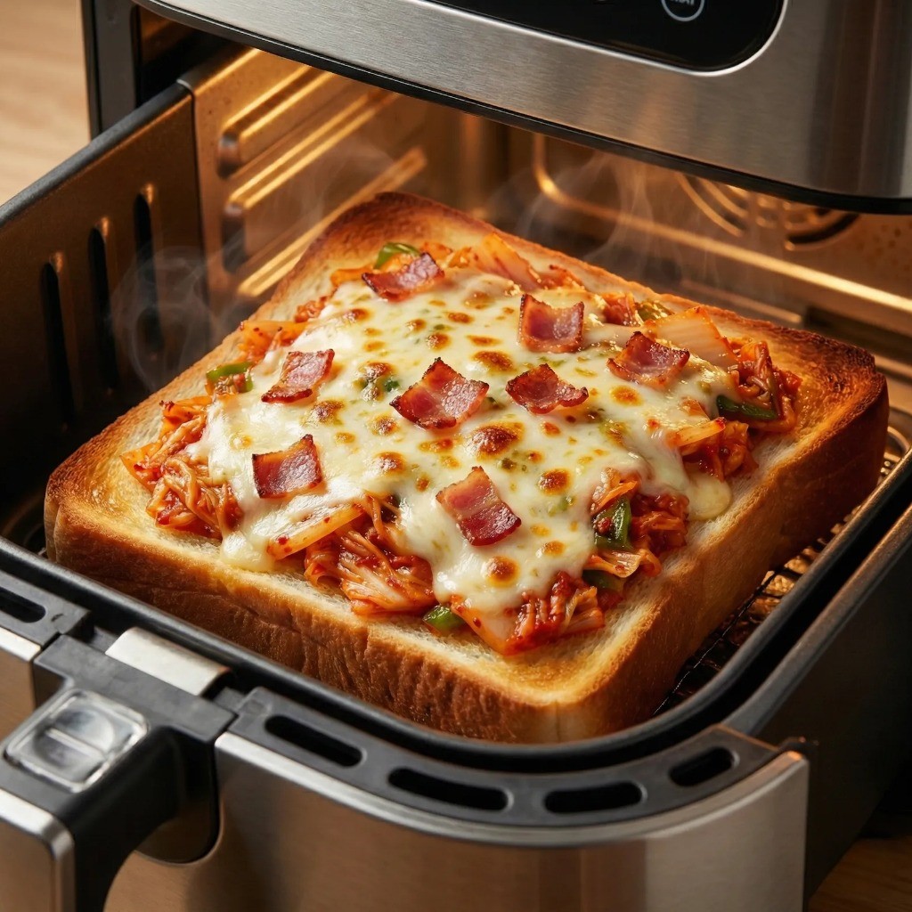 모짜렐라 치즈를 듬뿍 올리고 에어프라이어에 굽는 모습